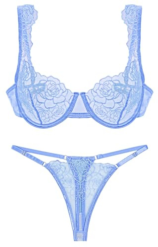 Conjunto de 2 piezas Lencería para mujer Push Up Sujetador Tanga y Encaje Soporte Garganta con Armaduras Lencería Set Elegante y Encantador - XS-L, azul, S