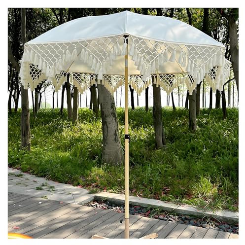 NOIRDA Parasol De Plage Beige À Franges, Parasol De Pique-Nique Bohème De 200 Cm, Mât Métallique Inclinable, Parasol À Pompons pour Jardin, Piscine Et Pelouse