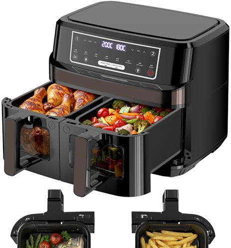 Air Fryer Double Compartiment | 10L Friteuse à Air Chaud Fenetre Visible Contrôle Individuel Température, 8-en-1 Friteuse Sans Huile Commande Tactile max 200℃,Friteuse Airfryer 2600W Éclairage Intégré