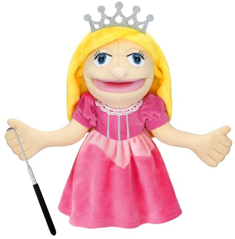 Soulchen 16 Inch Pink Hand Puppets with Silver Black Scalable Control Rod Plush Princess Marionette Puppet for Storytelling Play Teaching