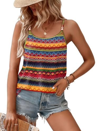 WIHOLL Tank Tops for Women Trendy Flowy Spaghetti Strap Cami Beach Vacation Clothes Sleeveless Womens Summer Tops Loose Fit Camisole Plus Size Boho Stripe Print 2XL