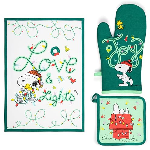 Excelsa Peanuts Shiny and Bright Set Cucina Natalizio, Canovaccio 50x70 cm con Guanto Forno e Presina, Verde, 100% Cotone