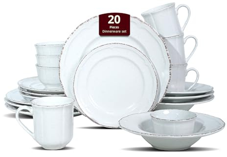 HomeVSS Dinner Set, 20 Piece Stoneware Set for 4, Plates and Bowls Set with Mug, Dishwasher & Microwave Safe, Chip and Scratch Resistant, White