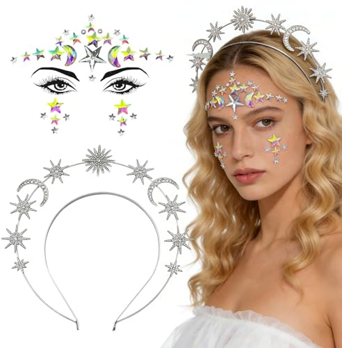 KECDRU Sonne Mond Sterne Haarreif, Glitzer Strass Gesicht Aufkleber, Karneval Fasching Halloween Festival Party Accessoires, Stirnband Kopfschmuck für Damen Mädchen