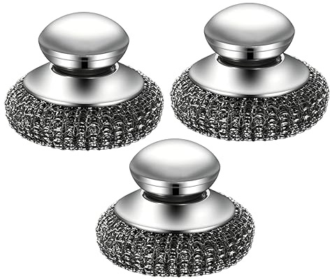 3 Pcs Steel Wool Scrubber with Handle,Brillo Pads, Stainless Steel Pan Cleaner Set, Metal Scourer for Dishes, Pots, Grills and Sinks, Durable Wire Wool for Cleaning Kitchen Grease and Rust