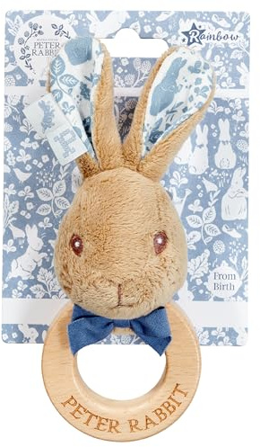 Rainbow Designs Peter Rabbit Wooden Ring Rattle - Multi-Texture Beatrix Potter Baby Toy for Teething - Sustainable Wood and Plush Fabric