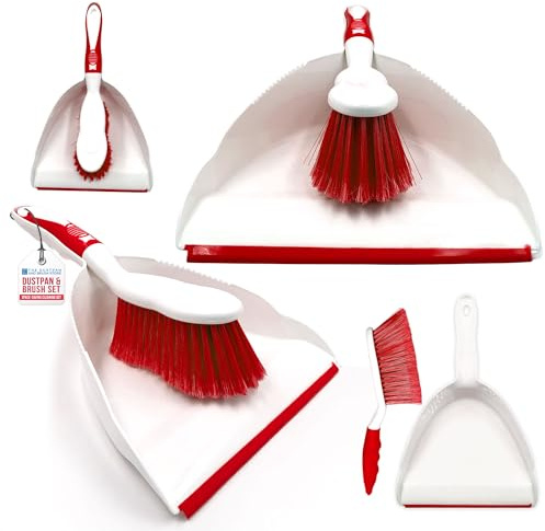 Dustpan and Brush Sets | Large Capacity Dustpan | Durable Bristles & Easy-Sweep Rubber Blade | Compact Storage | Dust pan and Brush Lightweight Design | Choice of Colour - Red