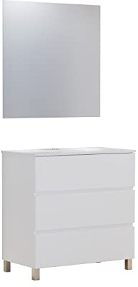 Baikal Set di mobili da bagno Neo con specchio luna liscia, tre cassetti o due porte, mobile con gambe. Varie finiture e misure. Melamina 16 mm. Mobile montato.