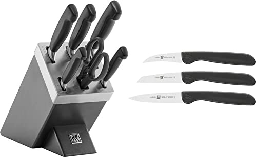 ZWILLING Selbstschärfender Messerblock, 7 teilig, grau, Vier Sterne & 38115001 Gemüsemesser-Set, 3 tlg., Kunststoff, schwarz