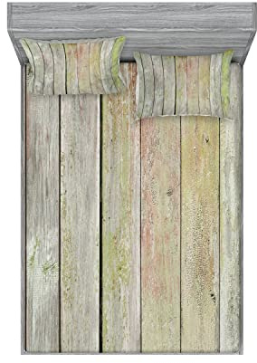 Ambesonne Fence 2 Pack Fitted Sheet & Pillow Sham Set, Old Rural Grungy Wooden Fence, 4 Pcs Bedding Decor, Package Contains 2 Full Size Fitted Sheets & 4 Pillow Covers, Pale Sage Green