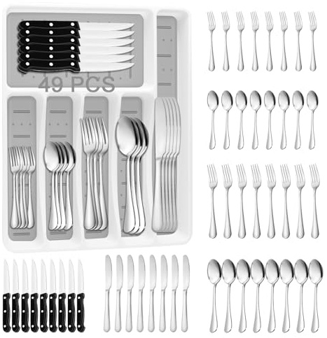 49PCS Silverware Set with Organizer, Stainless Steel Flatware Drawer Cutlery Set for 8, Kitchen Utensils with Steak Knives Mirror Polished Dinner Knife Forks Spoons Tableware Service Tray