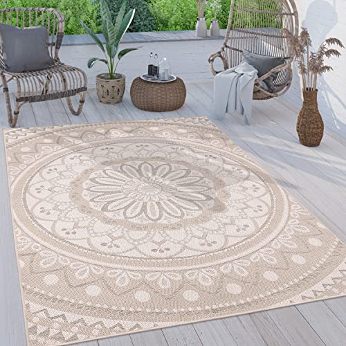 Paco Home Outdoor Teppich wetterfest & robust modernes Mandala & Boho Design pflegeleicht & flachgewebt für Balkon, Terrasse, Garten, Wohnzimmer & Küche Ethno Mandala, Grösse:240x340 cm, Farbe:Sand