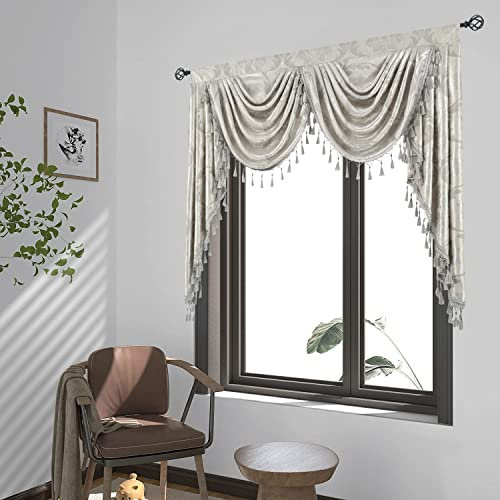 JADE POKE Silver Grey European Flower Valances for Windows - Damask Waterfall Tassels Valances for Windows -Rod Pocket Luxury Jacquard Swag Cascade Valance for Living Room/Bedroom, 1 Panel, W59 Inch