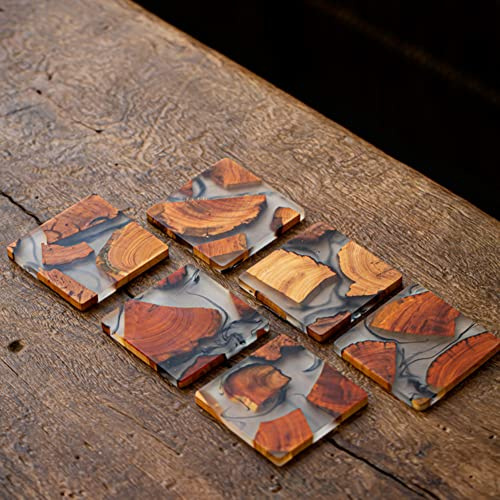 FIYSON Dessous de Verre,sous Verre Époxy avec Support,Design Carré,Dessous de Table en Bois Véritable,pour Verre de Pinte de Bière,Tasses à Café,Tasses à Thé et Bouteilles sous,8x8cm