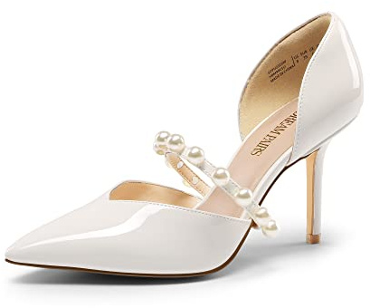 DREAM PAIRS Womens Closed Toe High Heels Stiletto Pointed Toe Strappy Pearl Elegant D'Orsay Dress Wedding Party Pumps Shoes, White - 9 (SDPU2316W)