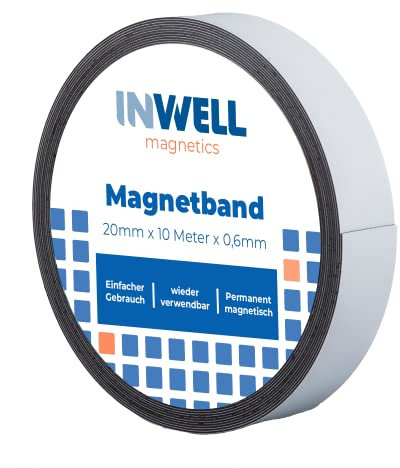 Inwell - Magnetband 20 mm in Farbe weiß auf Rol | 10 meter | NICHT Selbstklebend | Beschreibbare weiße Vinylschicht | Starker Magnetkraft | Magnetstreifen