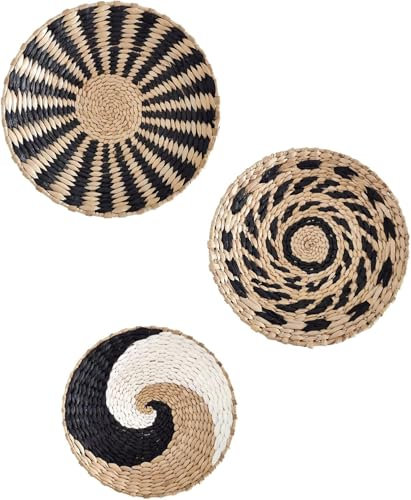 GFYWZ Wandkorb Deko Satz von 3, hängenden geflochtenen Körben natürliche dekorative Schalen,Gewebte Flache Körbe, Gewebte Seegras-wandkörbe, Runde Hängende,Wandkunst Für Schlafzimmer