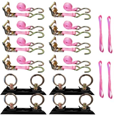 Mega Cargo Control S Hook Ratchet Straps, 1 x 9' Heavy Duty Securing Straps, 833 LBS Load Capacity | Utility Tie Downs for Cargo, Appliances, ATV, Motorcycle - 8 Set Bundle; Pink