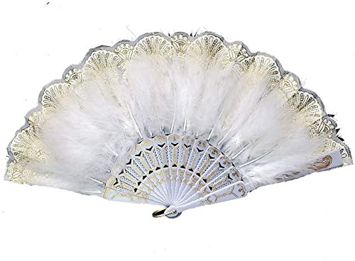 Yurosiay Women's Feather Fan Foldable Hand Fan Vintage Embroidered Floral Feather Fan Elegant Folding Fan with Feather Fans Dance Feather Fan for Dance Party Wedding Wall Decoration Gift White