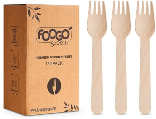 FOOGO Green 300pcs Disposable Wooden Forks, 16cm | FSC® Certified, Biodegradable Compostable, Eco Friendly, Wedding Picnic Party Camping Catering, Like Bamboo Cutlery Set