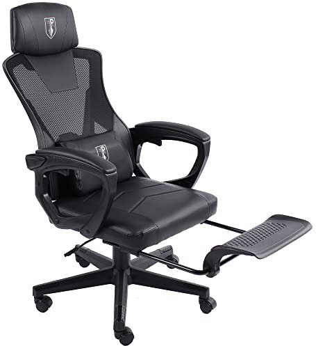 TRISENS Gaming Stuhl im modernen Racing-Design mit einklappbarer Fußstütze - Gaming Chair mit flexiblen Armlehnen - ergonomischer Gaming Schreibtischstuhl mit extra Stützkissen, Farbe:Schwarz
