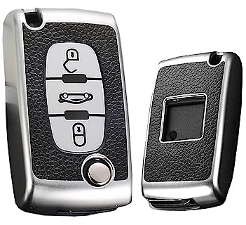 HIBEYO Klappschlüssel Autoschlüssel Hülle passt für Peugeot 207 407 308 607 Schlüsselhülle Leder Texture Schutzhülle für Citroen C1 Picasso Berlingo C-Crosser Schlüsselbox 3Tasten-Leder Silber