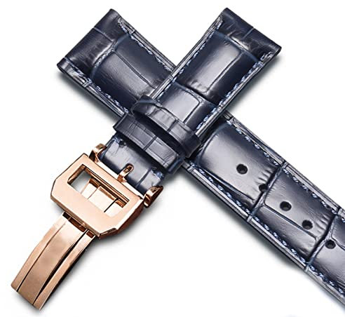 BONOOL Uhrenarmband für IWC-Fliegeruhren Portofino PORTUGIESER Herrenarmband-Uhrenzubehör Echtleder-Uhrenarmband Uhrengürtelkette (Farbe: Blau-Roségold-Verschluss2, Größe: 22 mm)