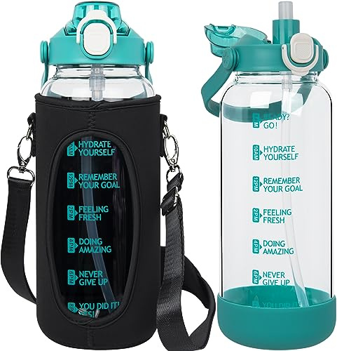 Seekua 1.5 liter Trinkflasche Glas Flasche mit Strohhalm & Zeitmarkierung, 1.5l Wasserflasche mit Früchteinsatz & Schutzhülle für Smoothie, Früchte, Kohlensäure geeignet