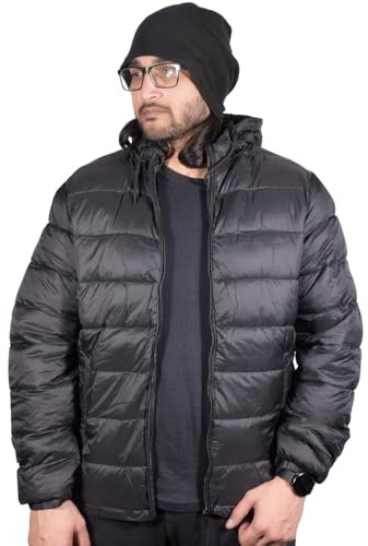 True Face Men's Warm Puffer Bomber Jacket, Water-Resistant Quilted Winter Coat with Hood, Lightweight Padded Outerwear for Cold Weather - Stylish & Comfortable Insulated Top Black XL