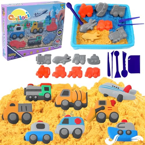 Crelloci Magic Sensory Sand Car Set for Toddlers, Car & Truck Playset with Molds, Creative Sensory Toy Kit for Kids Ages 3–7