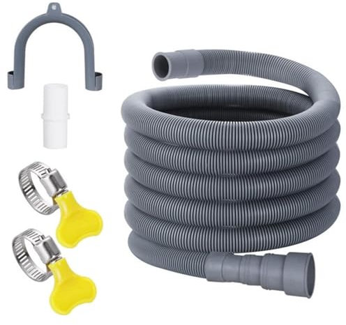 Tuyau de vidange pour machine à laver – Tuyau de vidange ondulé de 10 m pour machine à laver, lave-vaisselle, avec 1 adaptateur, 2 colliers de serrage, 1 support de tuyau en U