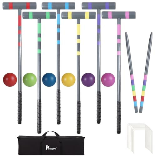 Pointyard 35 Six Player Croquet Set, Deluxe [Slate Teal Style] Croquet Set with Wooden Mallets/Colored Ball/Wickets/Stakes for Adults/Teens/Family-Perfect for Lawn/Backyard Game/Park