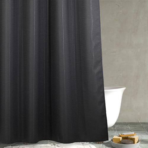 Charcoal Grey Waffle Weave Shower Curtain: Heavy Duty Textured Fabric Shower Curtain for Bathroom - Water Repellent Washable Thick Polyester Cloth Bath Curtain - 183 x 183cm Drop | Waffle Textured 256GSM Weighted Polyester Fabric Shower Curtain, Solid Hotel Luxury, Thick, Machine Washable, Opaque