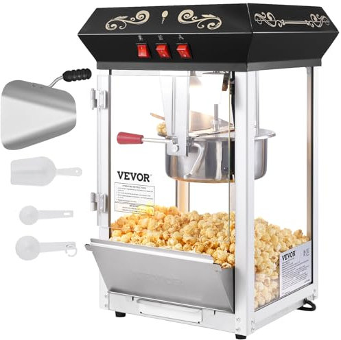 VEVOR Máquina para Hacer Palomitas de Maíz de Encimera, 850 W, 8 oz, 48 Tazas por Lote, con Vidrio Templado, Incluye 4 Cucharas, Estilo Cine, Color Negro, Fácil de Limpiar, 390 x 345 x 610 mm