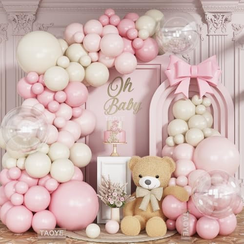 Kit d'arche de ballons roses et blancs, guirlande ivoire pastel à double rembourrage avec 3 ballons transparents de 45,7 cm pour décoration de fête d'anniversaire de fille