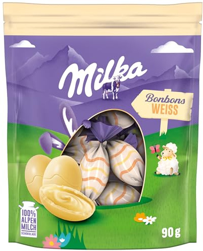 Milka Bonbons Weiß – Zarte Bonbons aus weißer Alpenmilch-Schokolade – einzeln verpackt für die Osterzeit – 90g