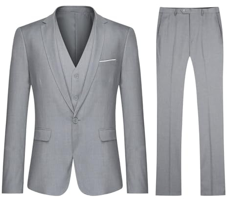 YOUTHUP Herr 3-delad kostym 1 knapp slim fit business bröllop smoking kostym blazer väst och byxor, Ljusgrå, XXL
