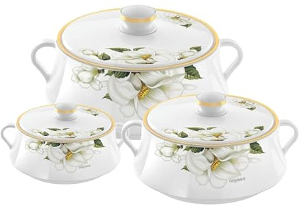Reldor Insulated Hotpots Dish with Lid Set of 3, Inner Stainless Steel Thermal Food Hot Pot, Casserole Pot with Lid, Dishwasher Safe, Ideal for Serving, Floral Design, (White, 2.5, 3.5 & 5 Litre)