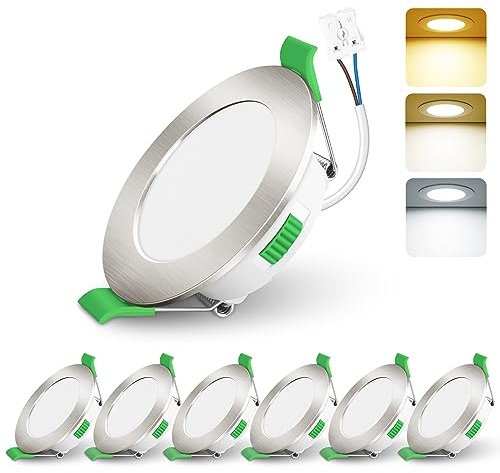ALUSSO Lighting 6 Pack LED Downlights, LED Recessed Ceiling Lights 4W 310LM 230V, 55-68mm Cutout Dimmable,3CCT 3000K 4000K 6500K Adjustable, IP44 Suitable for Bathroom Living Room Kitchen,Nickel