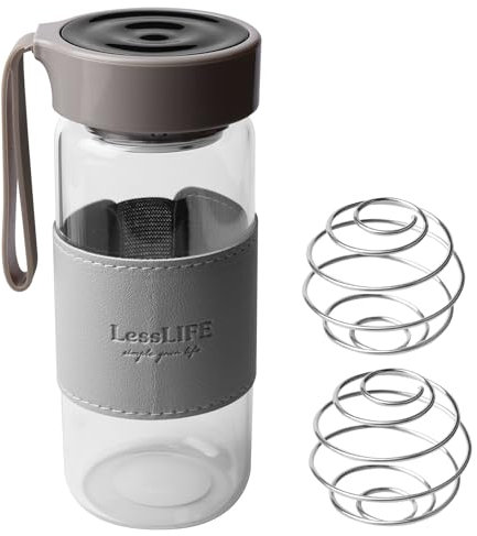 GOEDCH Bottiglia Shaker per Proteine: Shaker Grigio da 480 ML in Vetro con 2 Sfere di Miscelazione in Acciaio Inossidabile, Shaker ​​di Alta Qualità a Prova di Perdite per Il Fitness