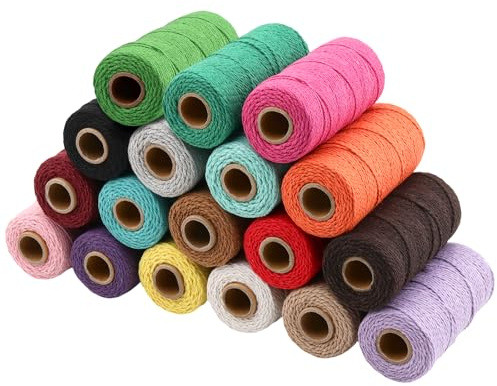 ZOENHOU 18 stycken makramégarn, 2 mm x 100 m, set med 18 färger, makramésnöre, 2 trådar tvinnat gör-det-själv pysselsnöre för vägghängning, växthängare, bohodekoration (1 800 meter naturbomull)