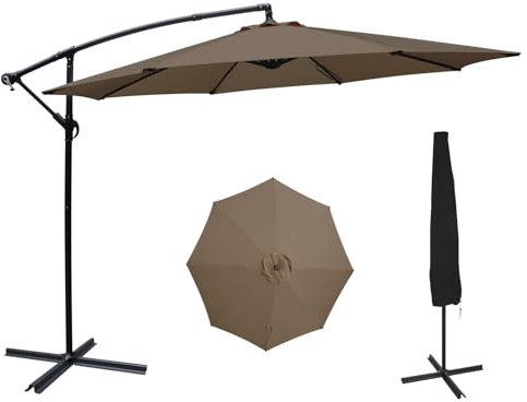 PULUOMIS Garden Umbrella Parasol, 3M Garden Cantilever Parasol with Cross Base and 8 Ribs, Outdoor Banana Patio Umbrella with Cover and Crank Handle, Sun Shade for Patios and Cafes, Khaki