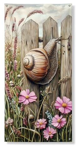 Garden Snail Door Cover Banner Decorative, Vintage Floral Fence Art Front Door Decor, Spring Outdoor Nature Hanging Backdrop 36x72 Inch