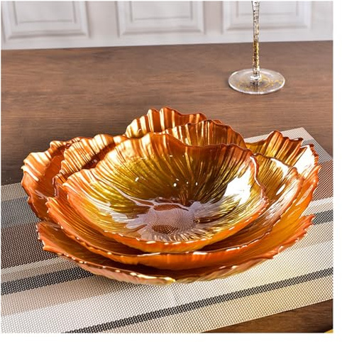 YHEIANJ Fruit Bowls Nordic Style Modern Flower Shape Fruit Plate 3 Sets Household Crystal Glass Pearlescent White Simple Snack Storage Plate Large Capacity Fruit Basket，Orange a