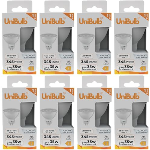 Unibulb GU5.3 MR16 3.4W Energy Efficient LED Spotlight Downlight Ceiling Light Bulb, 345 Lumens, 4000K Cool White, 35W Equivalent, 25,000hr Life, 12V, Non-Dimmable, Pack of 8