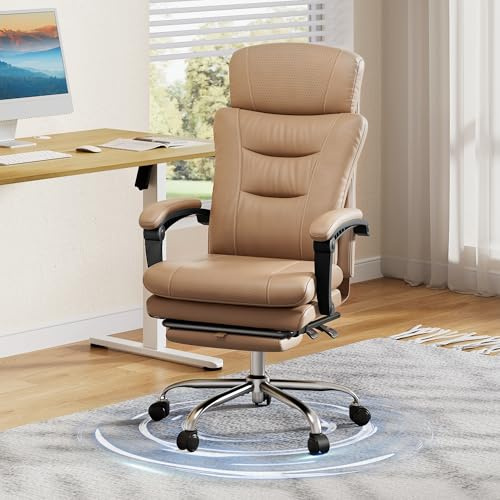 DEVAISE Chefsesse PU Leder: Bürostuhl Ergonomisch mit Fußstütze und Lendenwirbelstütze, Wippfunktion und Winkelverriegelung, Hohe Rückenlehne, Höhenverstellbar, Liegestuhl für Büro, Braun, Bis 200kg