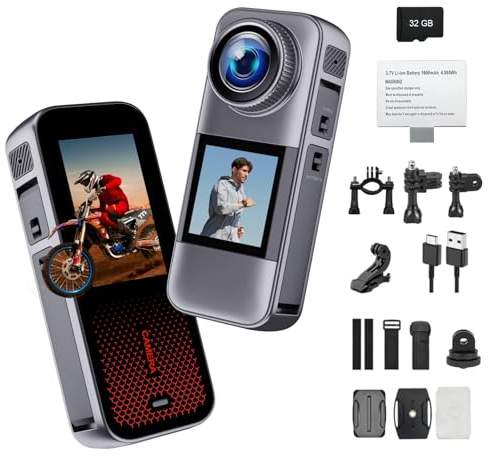fceoul Caméra Sport & Camera Moto - Appareil Photo Étanche IP67 avec Double Écran, 2 Batteries 1350mAh, Kit Aventure et Carte Mémoire 32GB
