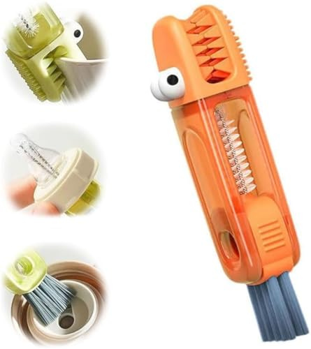 3 in 1 Crocodile Cup Lid Brush – Multifunctional Portable Silicone Cup Lid Cleaning Brushes, Home Kitchen Crevice Cleaning Tools for Cup Lids, Bottles, Gaps (Orange)