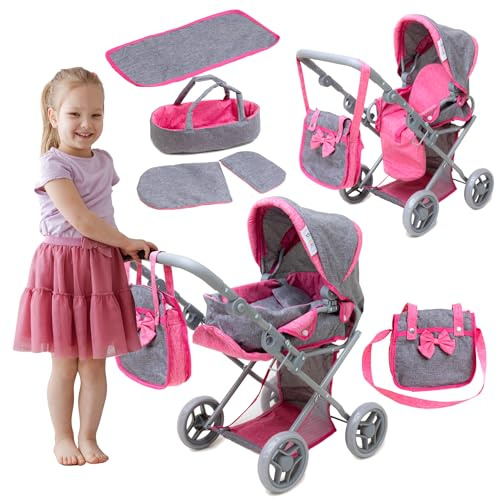 Doris Passeggino per bambole 3 in 1 - Passeggino profondo, navicella + passeggino + borsa + fasciatoio + biancheria da letto - Passeggino pieghevole per ragazze