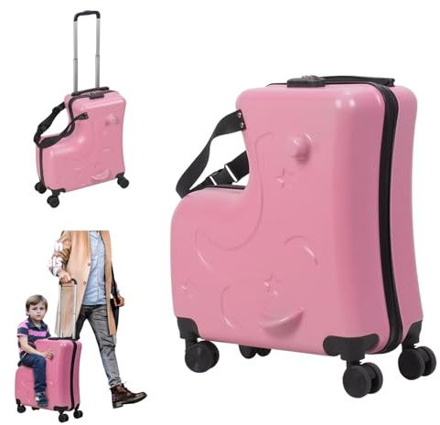 Mehisir 20 Ride on Suitcase for Kids, Kids Luggage Carry On Childrens' Carry Trolley Suitcase with Child Seat Lock & Safety Belt 360° Silent Wheels for Short Trips Pink